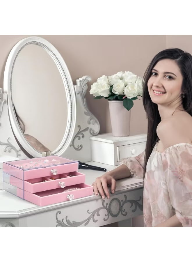 Shein Clear Acrylic Jewelry Organizer with Velvet Lining, 3 Drawers, Stackable Design, Multi-Functional for Earrings, Rings, Necklaces, Watches, and More - Pink - Image 3