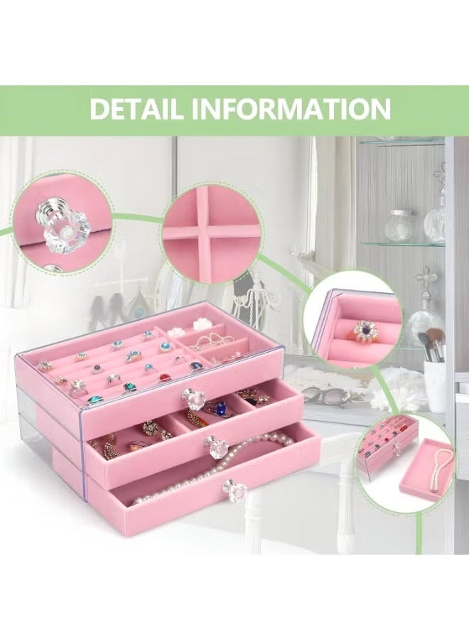 Shein Clear Acrylic Jewelry Organizer with Velvet Lining, 3 Drawers, Stackable Design, Multi-Functional for Earrings, Rings, Necklaces, Watches, and More - Pink - Image 4