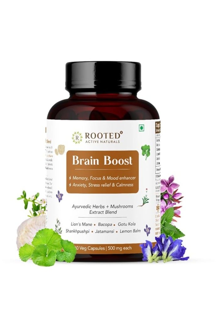 Rooted Active's Brain Booster - Brahmi Shankpushpi, Bacopa, Lions Mane Mushroom & Jatamansi, Brain Memory Booster Mind Focus Mood, Nootropics Cognitive - 60 Veg Capsules - Image 1