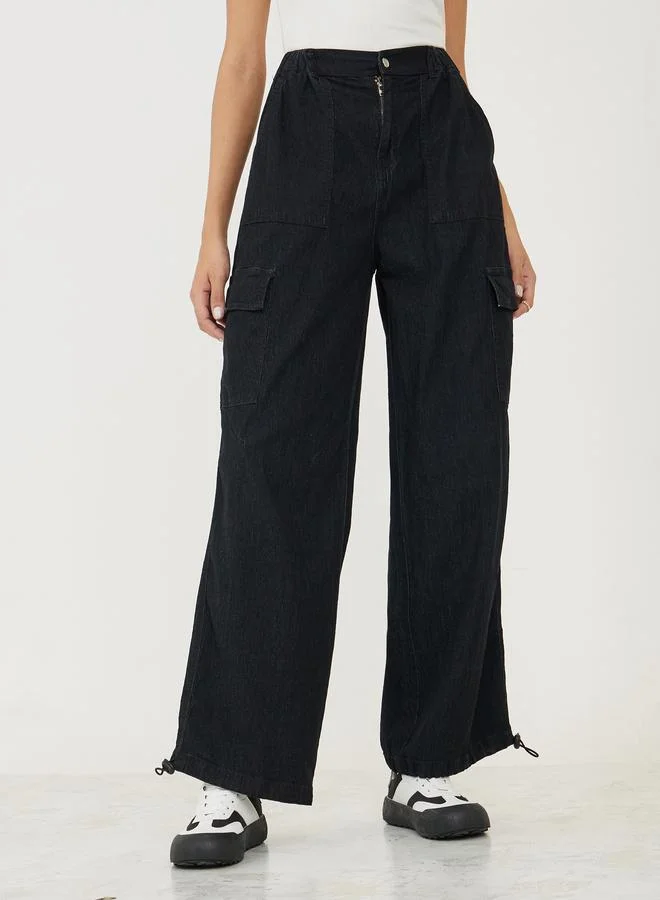 Styli Wide Leg Cargo Jeans with Toggle Detail