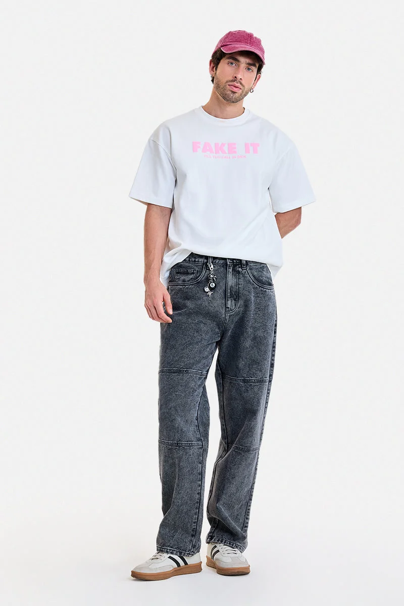 SNITCH Black Textured Wide Fit Streetwear Jeans