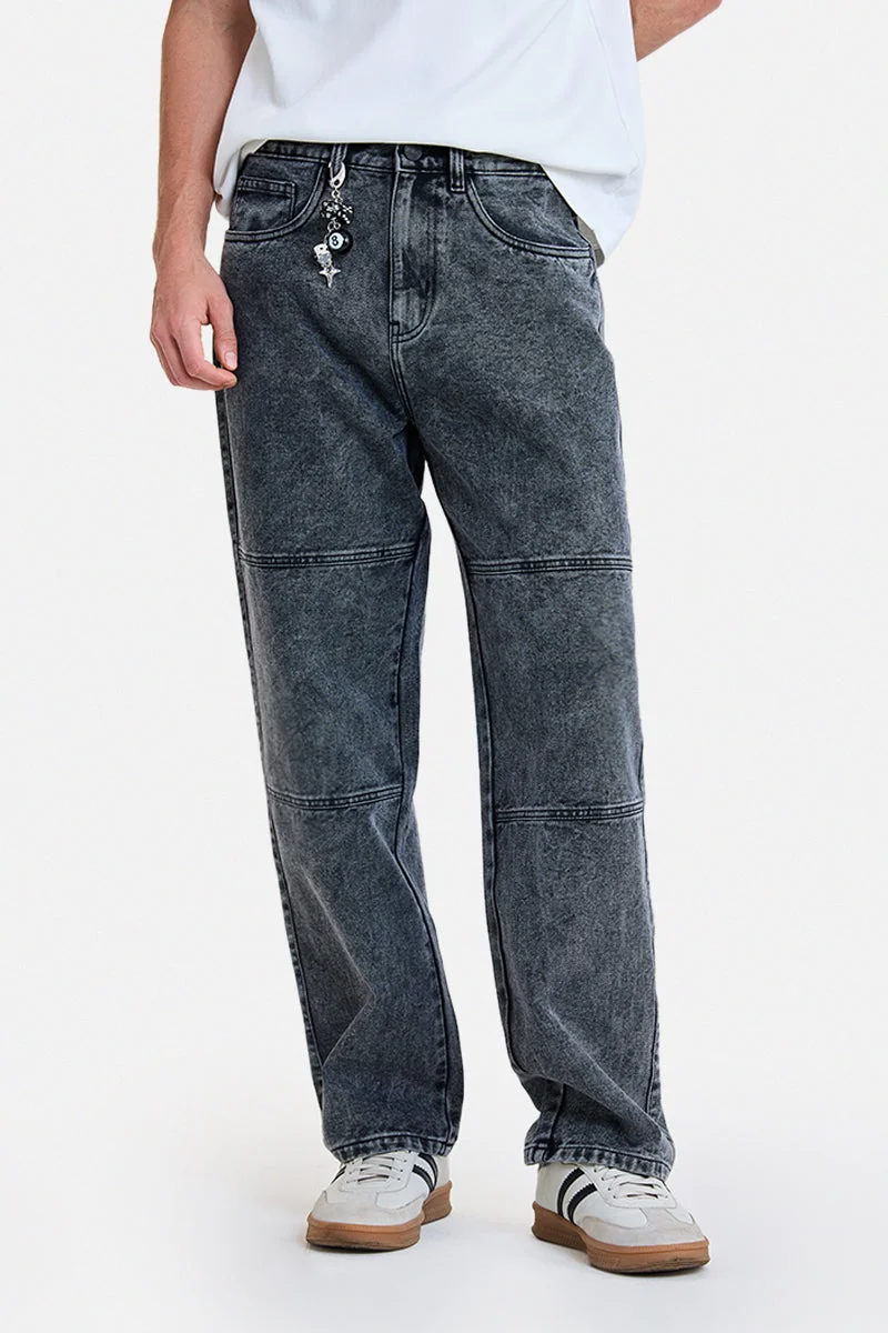 SNITCH Black Textured Wide Fit Streetwear Jeans