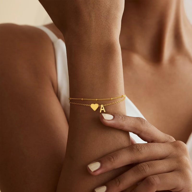M MOOHAM Initial Bracelets for Women - Dainty 14K-Gold-Plated Heart Initial Letter K Link Charm Bracelets for Women Trendy Jewelry Personalized Birthday Gifts for Women - Image 3