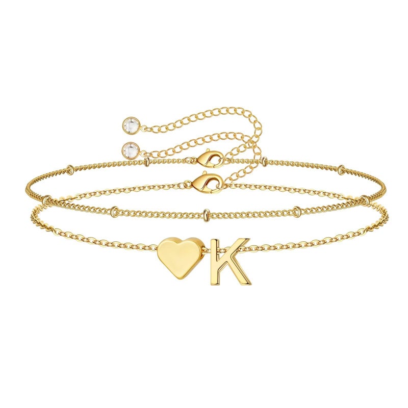 M MOOHAM Initial Bracelets for Women - Dainty 14K-Gold-Plated Heart Initial Letter K Link Charm Bracelets for Women Trendy Jewelry Personalized Birthday Gifts for Women - Image 1