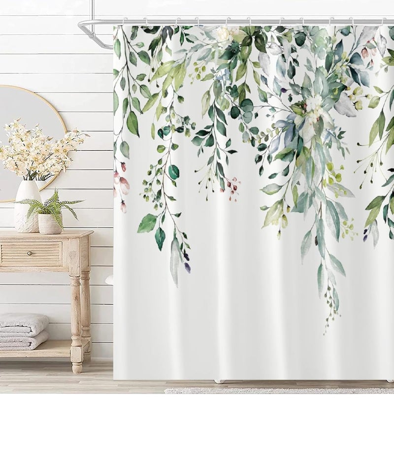 Bivinar Green Eucalyptus أوراق الدش ستارة ألوان مائية الأزهار الحمام دش الستار النسيج الستار الدش النباتية المضاد للماء مع 12 خطاف 72 × 72 بوصة - Image 1