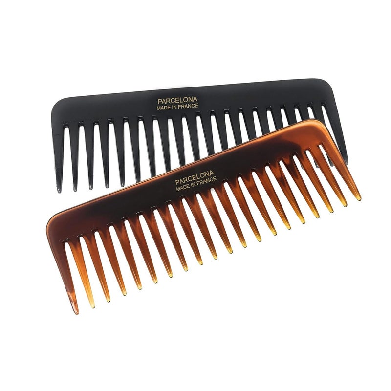 Parcelona French Fluffy Large Set of 2 Tortoise Shell and Black Celluloid Wide Tooth Volume Hair Detangling Combs for Women and Girls, Made in France