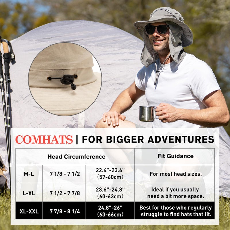 Comhats Sun Hats for Men Neck Cover Flap Protection UPF50+ Wide Brim Summer Boonie Bucket Waterproof Summer Golf Packable Travel Big Head X-Large XX-Large XL XXL Light Grey - Image 4