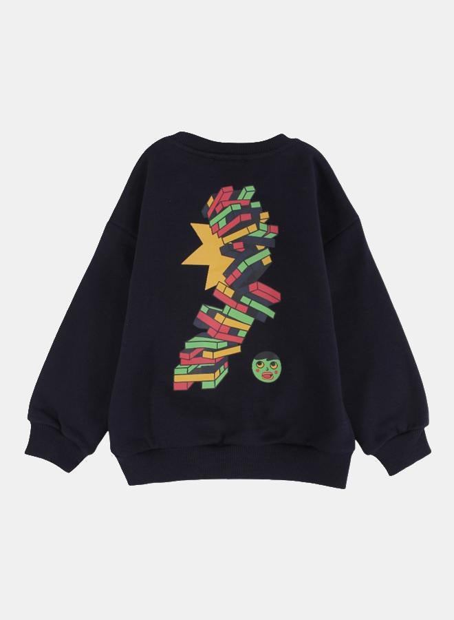 Pompelo Boys Cotton Sweatshirt – Navy with Colorful Blocks Print - Image 2