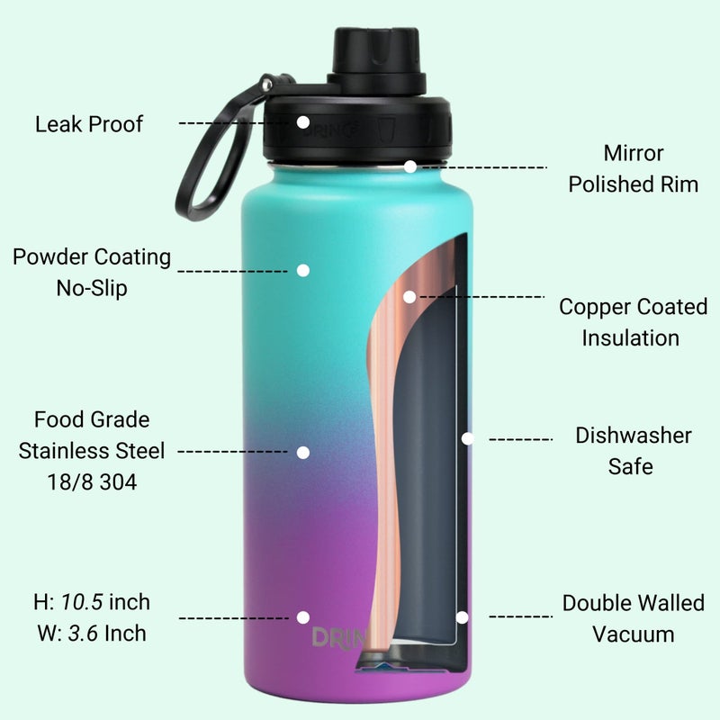 DRINCO Stainless Steel Water Bottle Spout Lid Vacuum Insulated Double Wall Water Bottle Wide Mouth (40oz 32oz 22oz 18oz 14oz) Leak Proof Keeps Cold or Hot (32 oz  32oz Ombre Fuchsia Teal) - Image 4