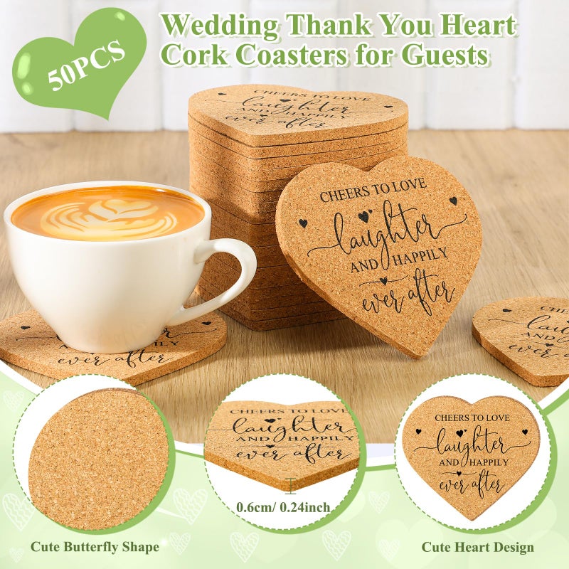 Uiifan 50 Set Wedding Favors for Guest Coaster Gifts Bulk Heart Shaped Coasters Thank You Cards Organza Bags Guest Souvenirs for Wedding Party Bridal Favors - Image 2