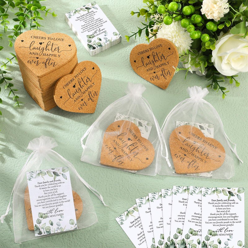 Uiifan 50 Set Wedding Favors for Guest Coaster Gifts Bulk Heart Shaped Coasters Thank You Cards Organza Bags Guest Souvenirs for Wedding Party Bridal Favors - Image 4