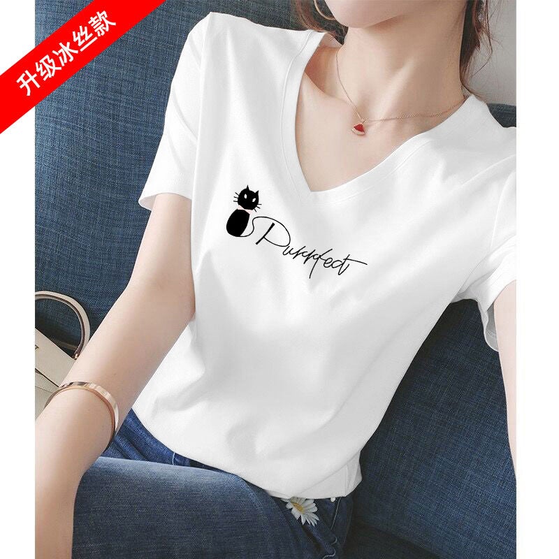 Cool V-Neck White Short-Sleeved T-Shirt for Women Pure Cotton 2025 Summer New Sweetheart Collar Right Shoulder Half-Sleeved T-Shirt for Women - Image 1