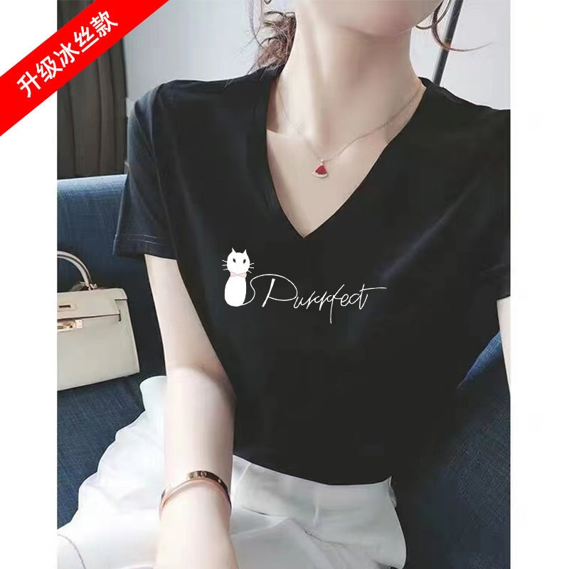 Cool V-Neck White Short-Sleeved T-Shirt for Women Pure Cotton 2025 Summer New Sweetheart Collar Right Shoulder Half-Sleeved T-Shirt for Women - Image 5