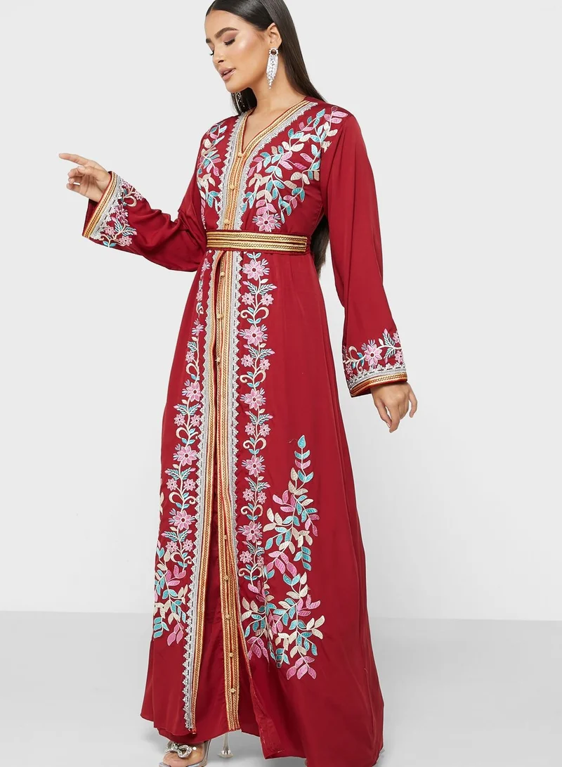 hayas closet Embellished V-Neck Belted Dress