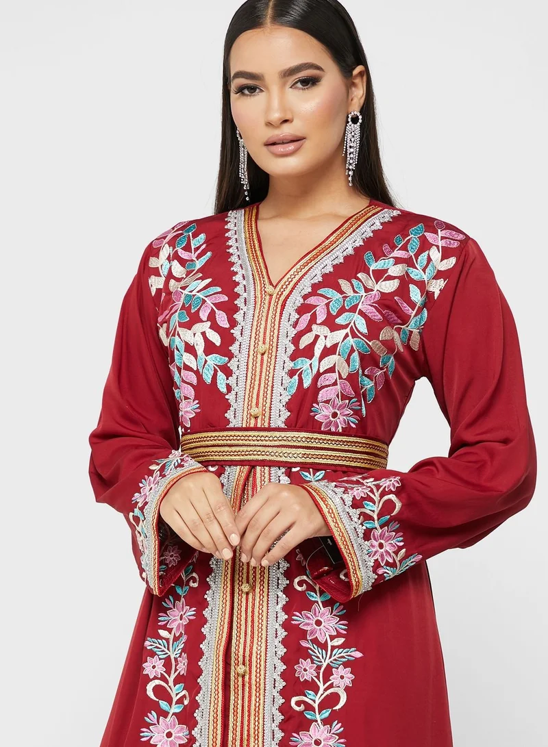 hayas closet Embellished V-Neck Belted Dress