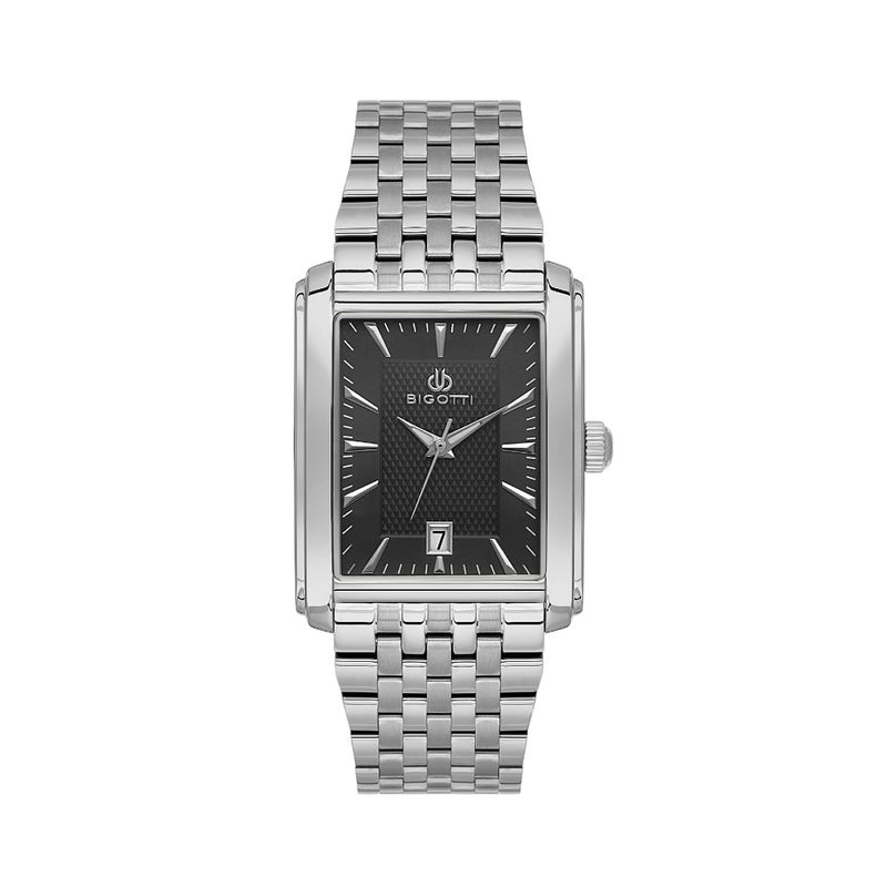 Bigotti Quotidiano Silver Stainless Steel Watch for Men BG.1.10681-2 - Black Emboss Dial, 33mm Case, Japanese Quartz, Date Display, 50M Water Resistant, Mineral Glass - Image 1