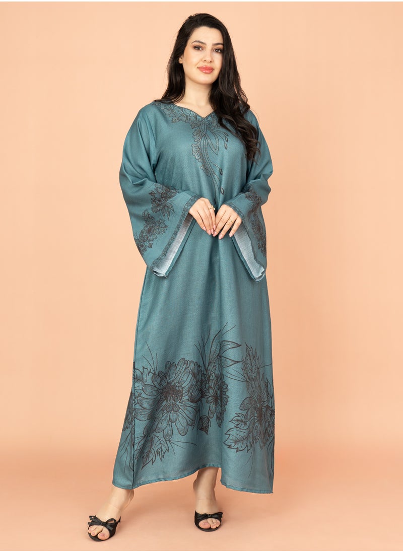 IKKXA Embellished Floral Touch Solid Jalabiya IN1024 Blue  - Image 1
