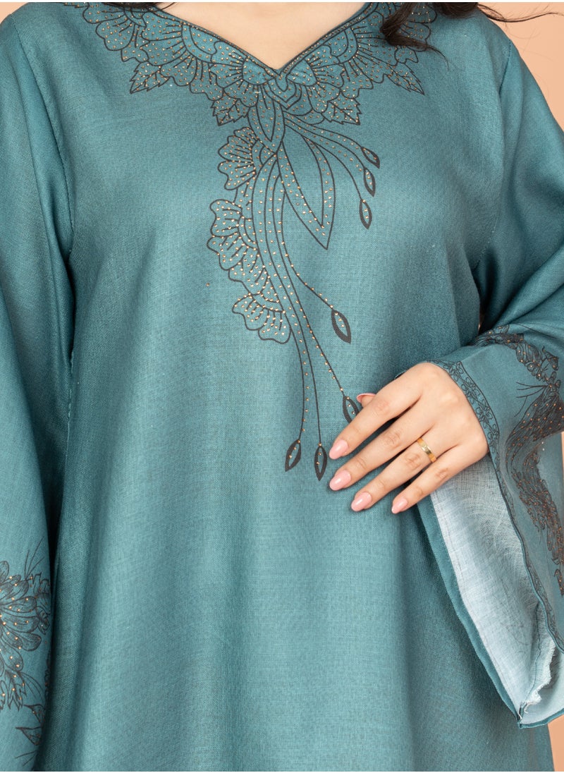 IKKXA Embellished Floral Touch Solid Jalabiya IN1024 Blue  - Image 2