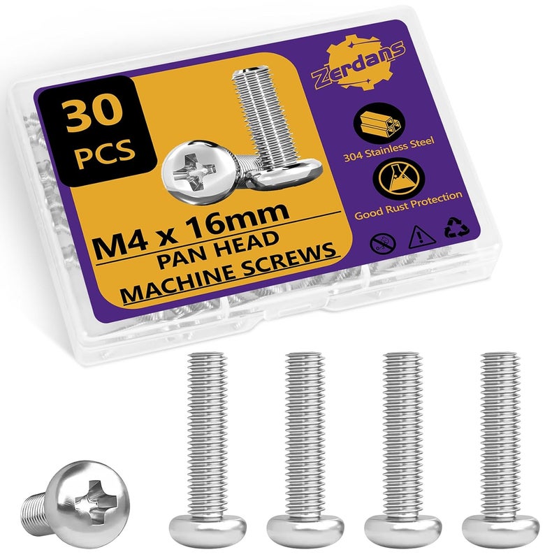 ZerDans M4 x 16mm Machine Screws, 30PCS Pan Head Machine Screws 304 Stainless Steel Metric Assortment, Truss Head Bolts, Full Thread, Phillips Drive for Furniture Repairs and 3D Printer - Image 1