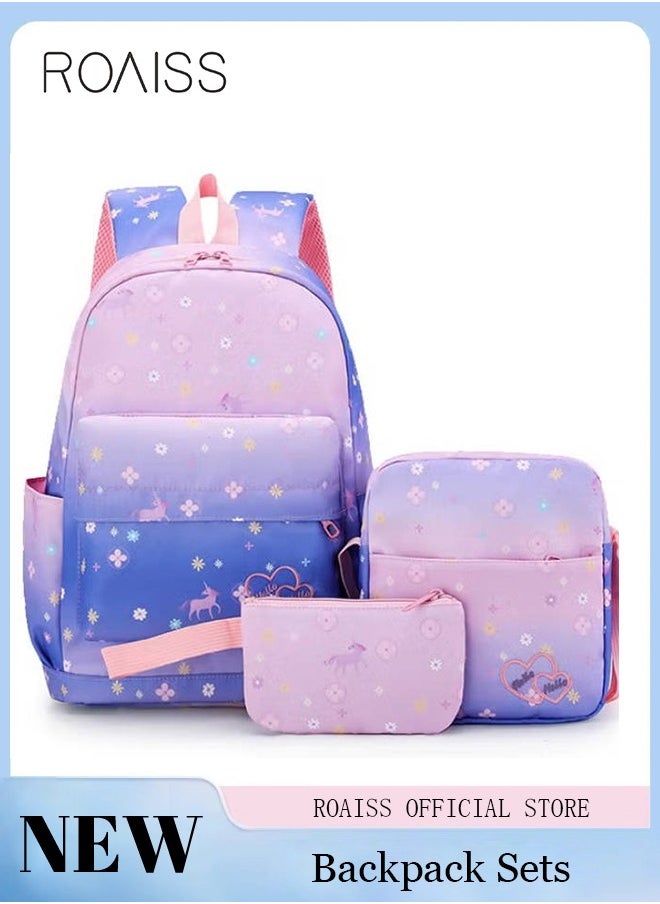 roaiss 3PCS Children's Backpack Sets Printed Graphic Cute Student Backpack Set Functional Large Capacity School Bag Set for Kids Girls(Schoolbag+Shoulder Bag+Pencil Case)Purple Pink Fade Color  - Image 1