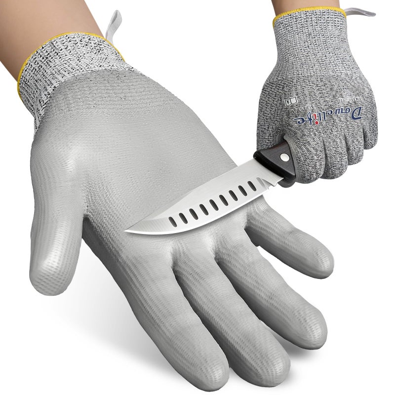 Dowellife Level 5 Cut Resistant Work Gloves for Men and Women PU Coated Breathable Gardening Gloves Thin Flexible and Firm Grip for Mechanics and Fishing Medium Grey