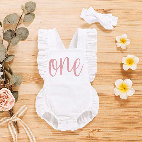 Shalofer Baby Girls First Birthday Outfit One Year Old Birthday Romper Cute Backless Ruffles Jumpsuit with Headband (White,12-18 Months) - Image 5