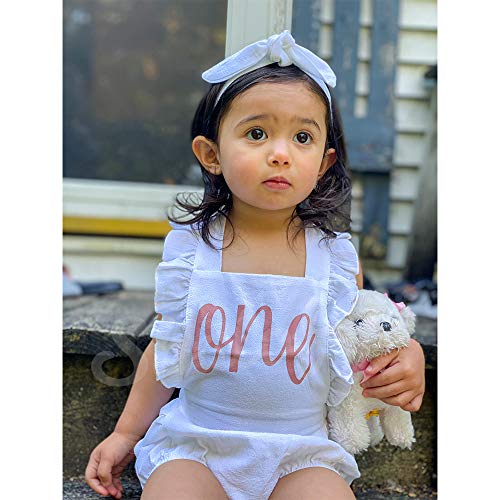Shalofer Baby Girls First Birthday Outfit One Year Old Birthday Romper Cute Backless Ruffles Jumpsuit with Headband (White,12-18 Months) - Image 3
