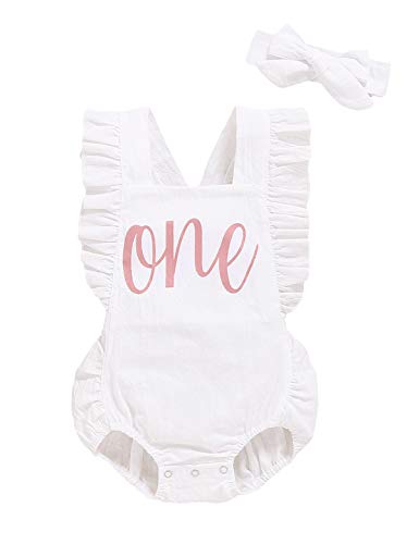 Shalofer Baby Girls First Birthday Outfit One Year Old Birthday Romper Cute Backless Ruffles Jumpsuit with Headband (White,12-18 Months) - Image 1