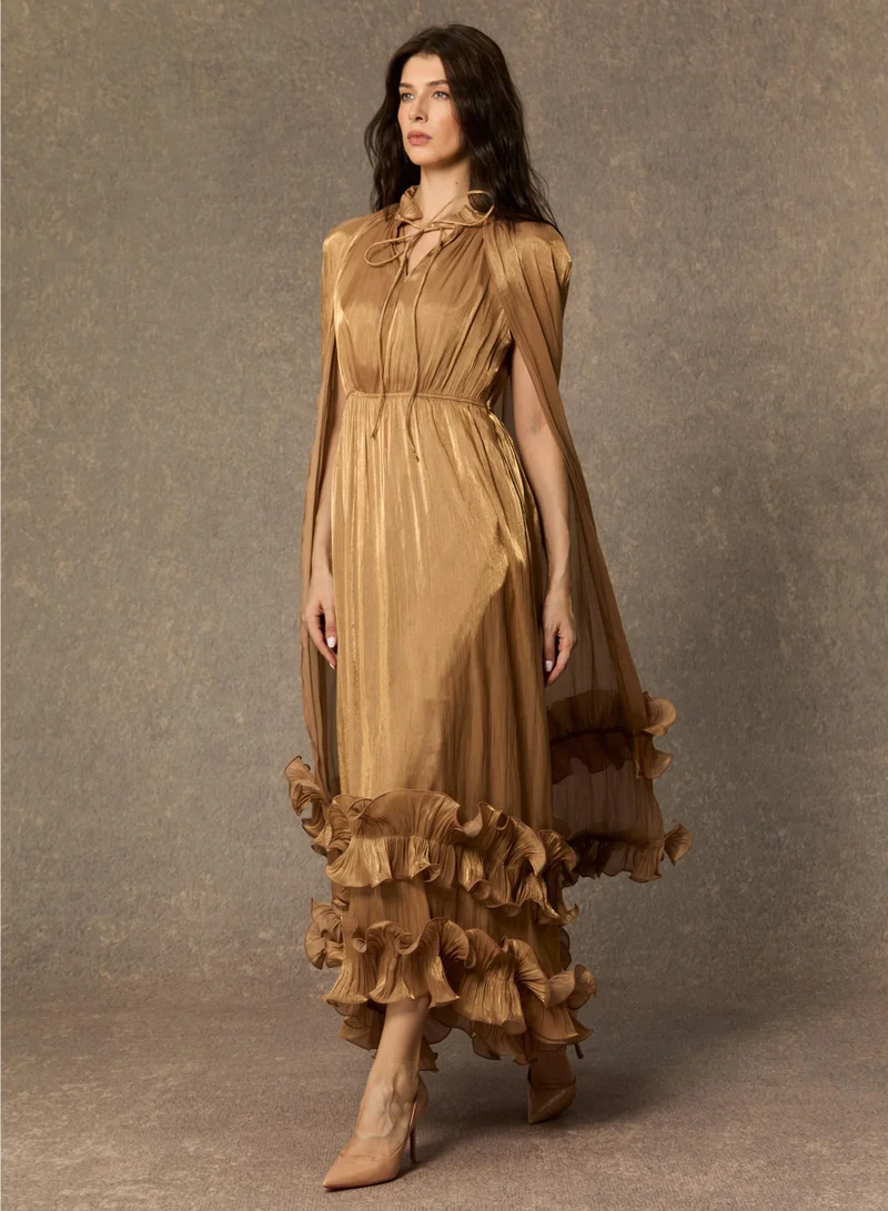 Sunfere Gold Shirley Cape-effect Ruffled Midi Dress for Women | Best Price UAE