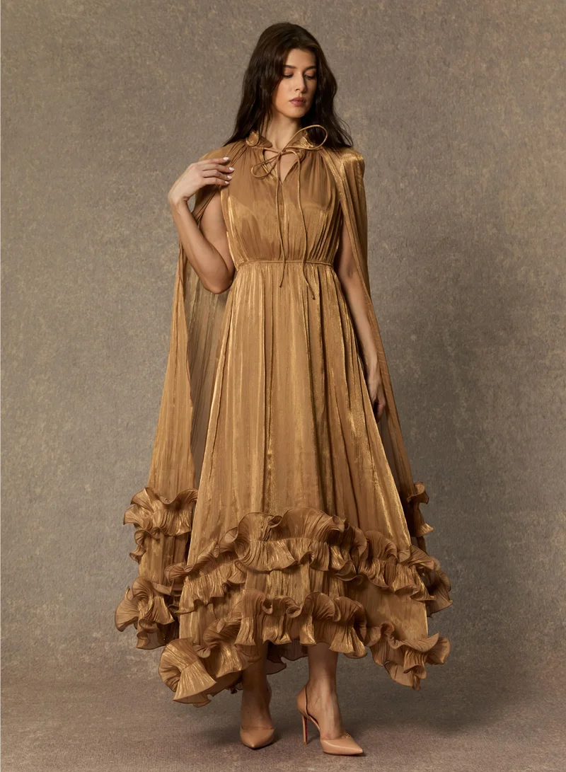 Sunfere Gold Shirley Cape-effect Ruffled Midi Dress for Women | Best Price UAE
