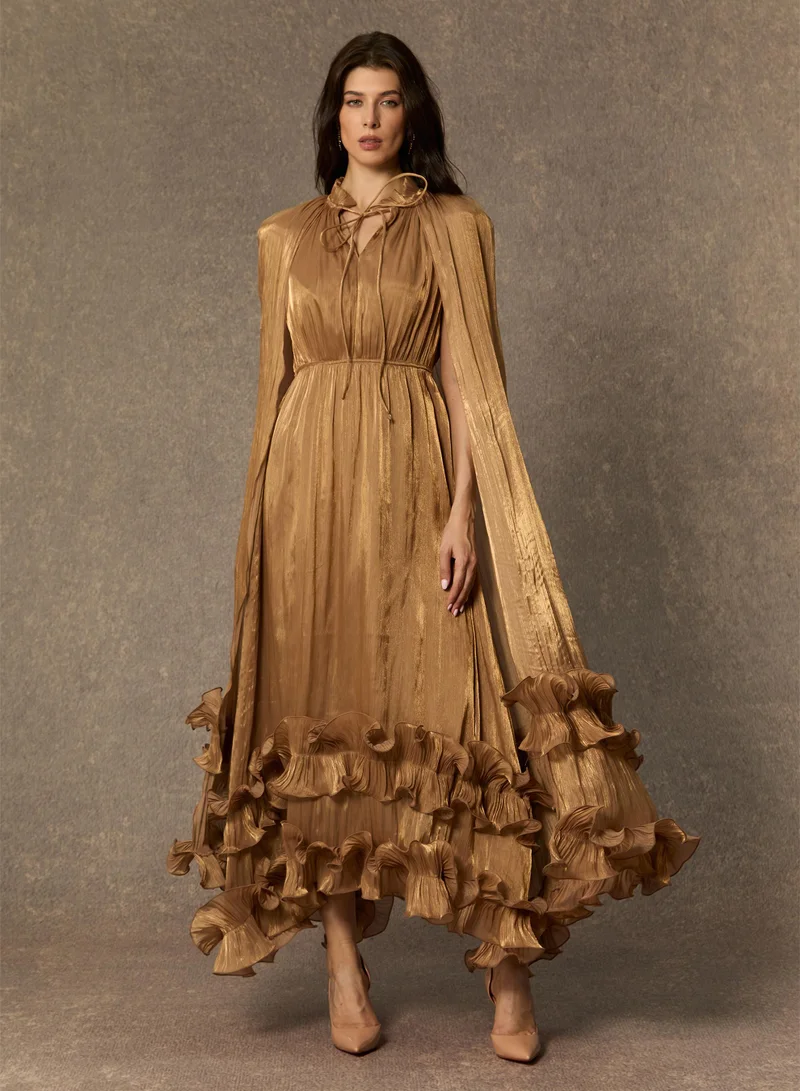 Sunfere Gold Shirley Cape-effect Ruffled Midi Dress for Women | Best Price UAE