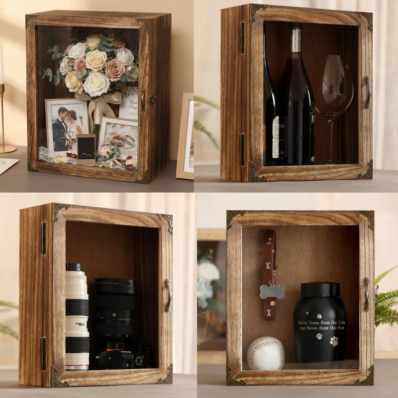 KAASTHAA Shadow Box Frame 11x13, Depth 5in Shadow Boxes Display Cases, Rustic Burnt Wood, Vintage Metal Accents, Acrylic Door, Metal Handle and Latch, Linen Back - Image 2