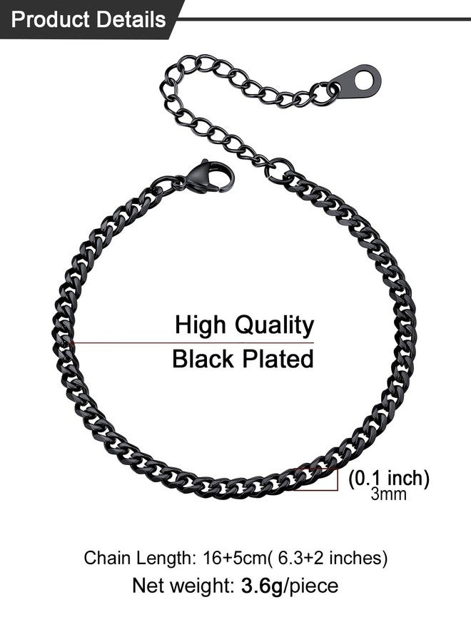U7 Women Bracelet Ion Plating Black 3mm Cuban Curb Chain Adjustable Wrist Links 6.5"-8.5" - Image 5