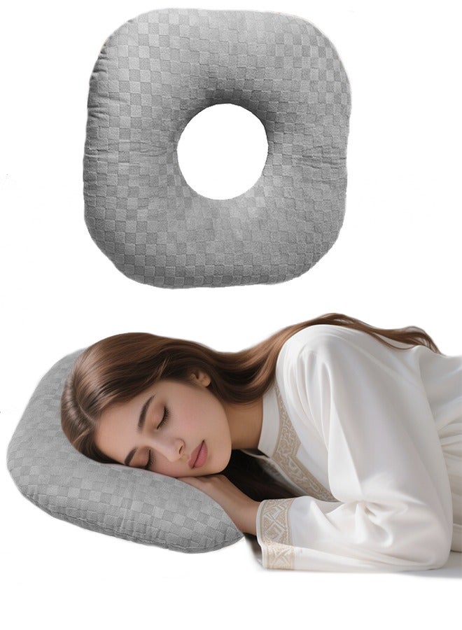 Ear Piercing Pillow for Side Sleepers, Donut Pillow with Hole for Ear Protection After Piercing or Surgery, Soft Breathable Hypoallergenic Pillow, Gray  - Image 1