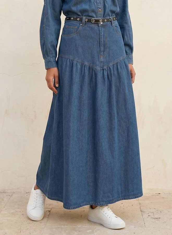Splash FAV Denim Maxi Skirt with Belted Yoke