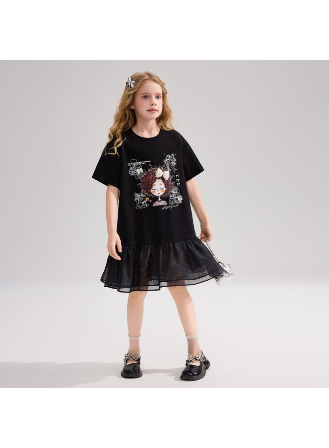 Ask Junior Girls' Dress, Summer New Thin Breathable Children'S T-Shirt Dress, Casual Mesh Princess Dress, Black