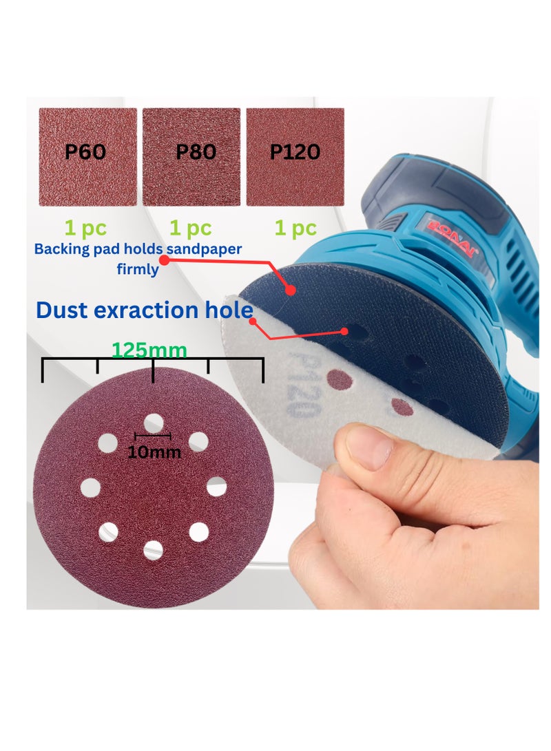 BONAI Orbital Sander with 1000W motor, 6-speed gearbox, 7000-13000 rpm,125mm pad size, 2mm orbital movement,Self-vacuum dust collection Sanding and polishing tool-BN-GW2-125 - Image 5