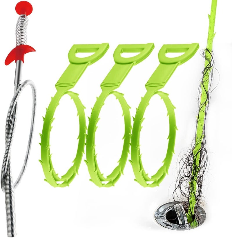 Omont Snake Drain Hair Clog Remover Tool,34 Inch Stainless Steel Claw and 3 Pack 19. 7 Inch Plastic Sink Unclogger Tool, Sink Drain Cleaner for Kitchen, Sink Bathroom, Tub Toilet Green (3+1) - Image 1
