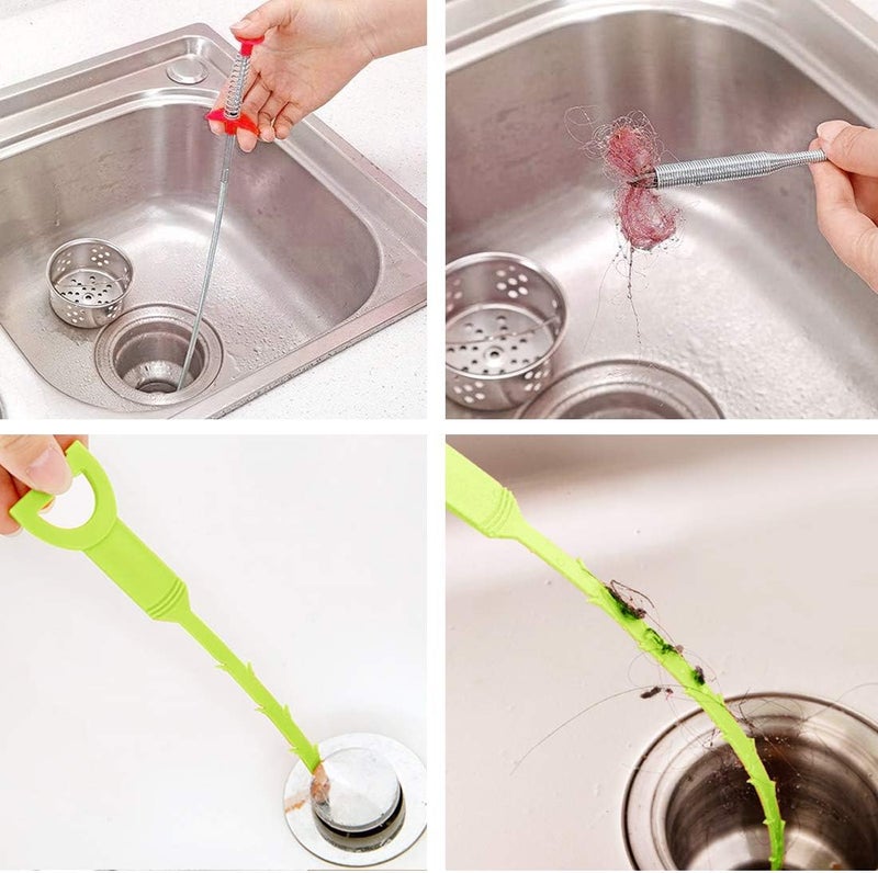 Omont Snake Drain Hair Clog Remover Tool,34 Inch Stainless Steel Claw and 3 Pack 19. 7 Inch Plastic Sink Unclogger Tool, Sink Drain Cleaner for Kitchen, Sink Bathroom, Tub Toilet Green (3+1) - Image 2