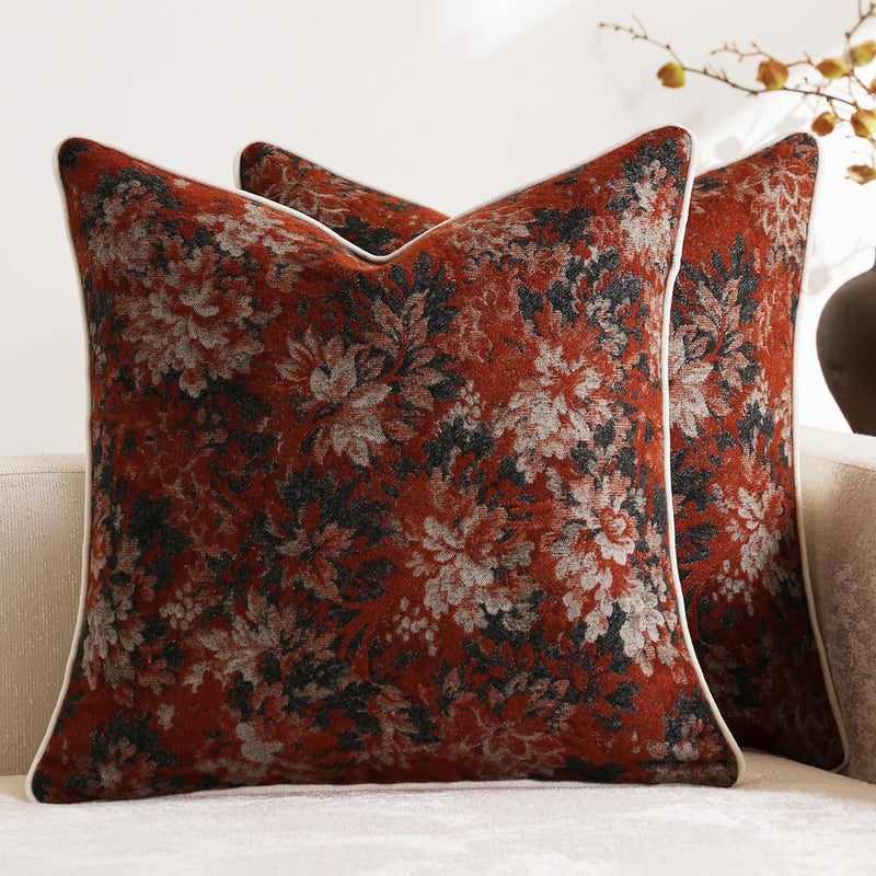 DEZENE Pack of 2 Vintage Floral Throw Pillow Covers 18x18 Boho Farmhouse Accents Chenille Square Decorative Pillow Cases for Living Room Couch Bed Home Decor, Rust - Image 1