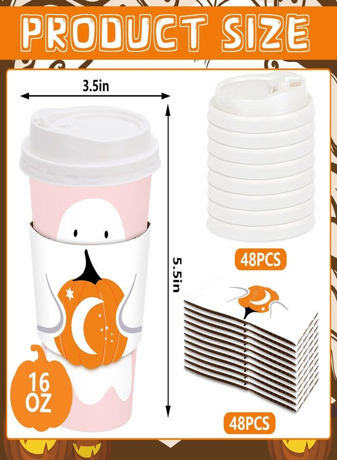 JarThenaAMCS 48 Set 16oz Halloween Disposable Coffee Cups with Lids and Sleeves Pink White Ghost Pumpkin Paper Drinking Cups for Halloween Party Supplies - Image 2