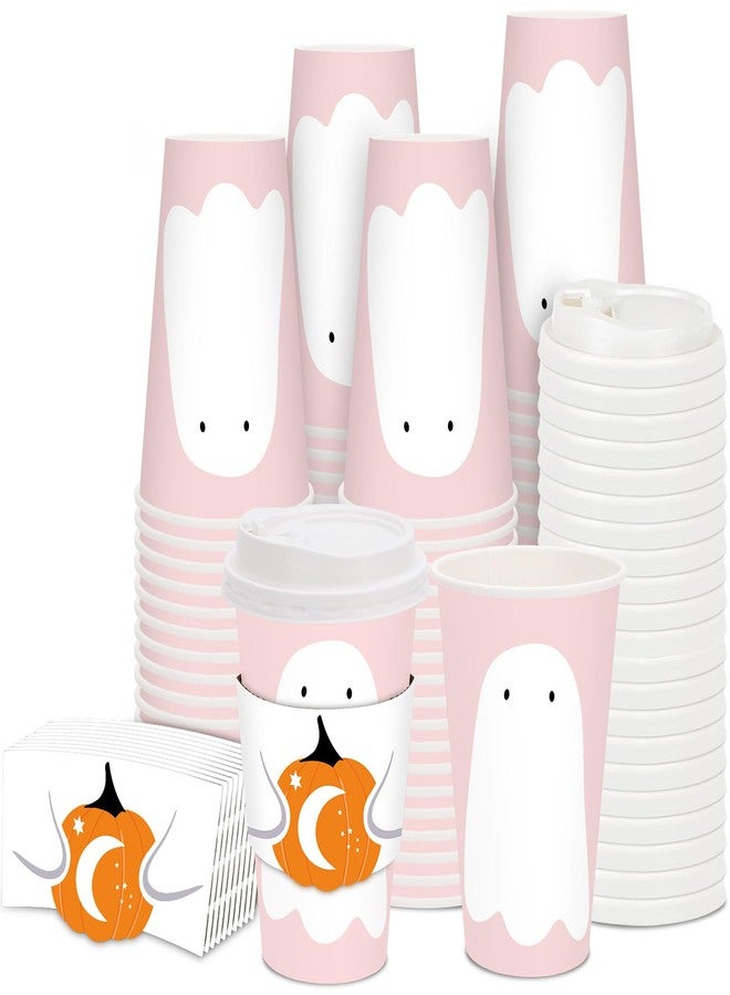 JarThenaAMCS 48 Set 16oz Halloween Disposable Coffee Cups with Lids and Sleeves Pink White Ghost Pumpkin Paper Drinking Cups for Halloween Party Supplies - Image 1