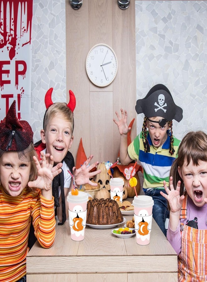 JarThenaAMCS 48 Set 16oz Halloween Disposable Coffee Cups with Lids and Sleeves Pink White Ghost Pumpkin Paper Drinking Cups for Halloween Party Supplies - Image 4