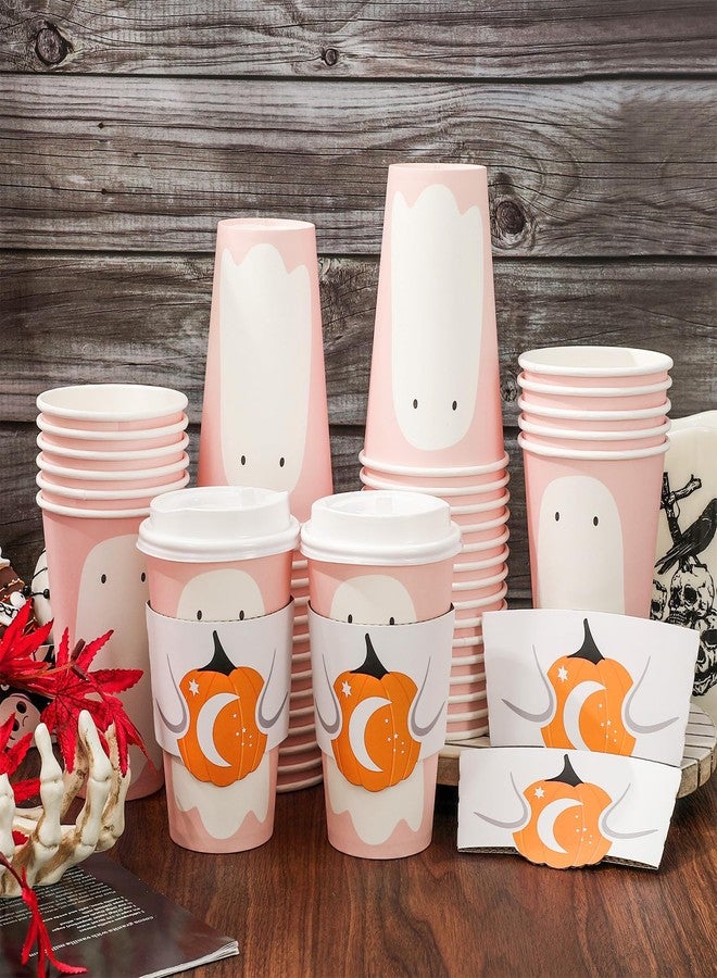 JarThenaAMCS 48 Set 16oz Halloween Disposable Coffee Cups with Lids and Sleeves Pink White Ghost Pumpkin Paper Drinking Cups for Halloween Party Supplies - Image 5