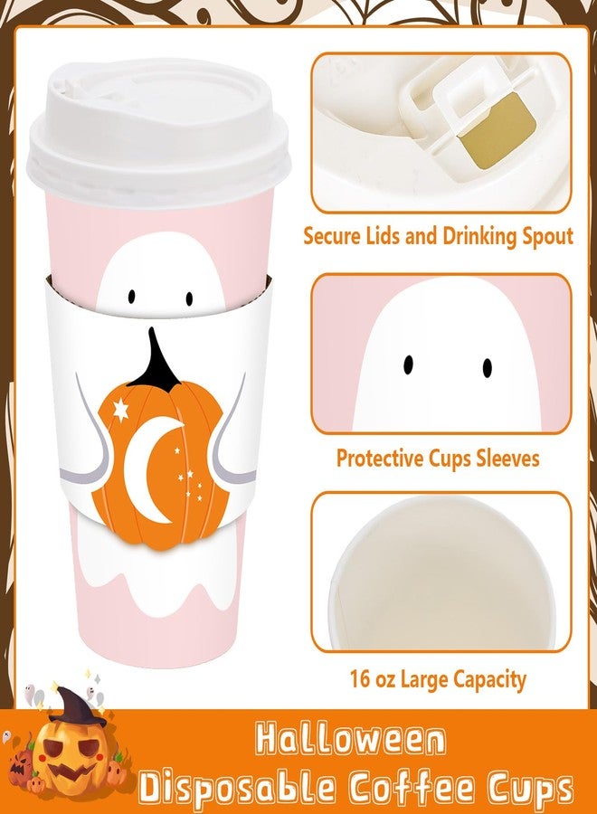 JarThenaAMCS 48 Set 16oz Halloween Disposable Coffee Cups with Lids and Sleeves Pink White Ghost Pumpkin Paper Drinking Cups for Halloween Party Supplies - Image 3