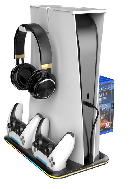 Title: PS5 Multifunctional Cooling Stand with RGB LED Lighting, Dual Controller Charging, 3-Speed Fan, Game Card Storage, and Headset Holder