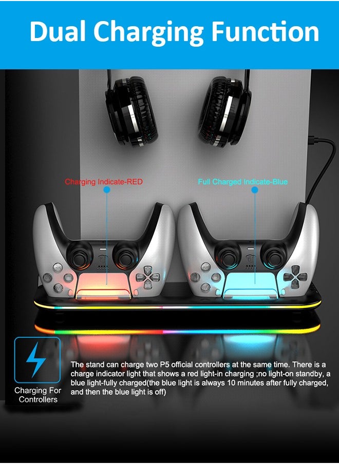Title: PS5 Multifunctional Cooling Stand with RGB LED Lighting, Dual Controller Charging, 3-Speed Fan, Game Card Storage, and Headset Holder