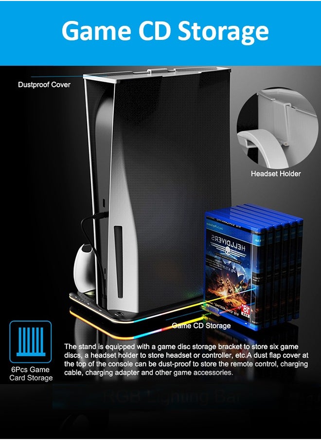 Title: PS5 Multifunctional Cooling Stand with RGB LED Lighting, Dual Controller Charging, 3-Speed Fan, Game Card Storage, and Headset Holder