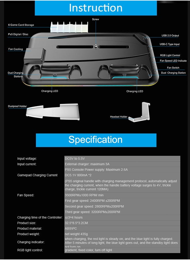 Title: PS5 Multifunctional Cooling Stand with RGB LED Lighting, Dual Controller Charging, 3-Speed Fan, Game Card Storage, and Headset Holder