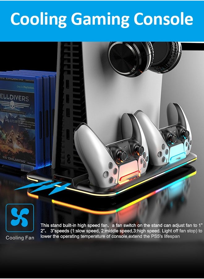 Title: PS5 Multifunctional Cooling Stand with RGB LED Lighting, Dual Controller Charging, 3-Speed Fan, Game Card Storage, and Headset Holder